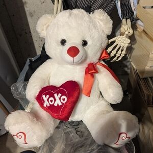White Teddy Bear with Red Heart and Bow